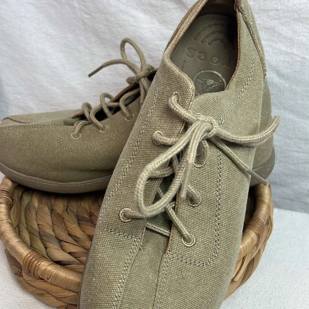 Crocs Men's Khaki‎ Canvas Lace Up Oxfords SZ 9M Office Casual Hipster Comfort